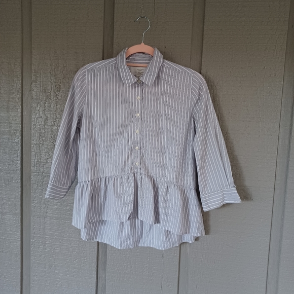 Trovata Birds Of Paradis Striped Peplum SZ XS Top Button Collared Cotton Preppy - Picture 1 of 9